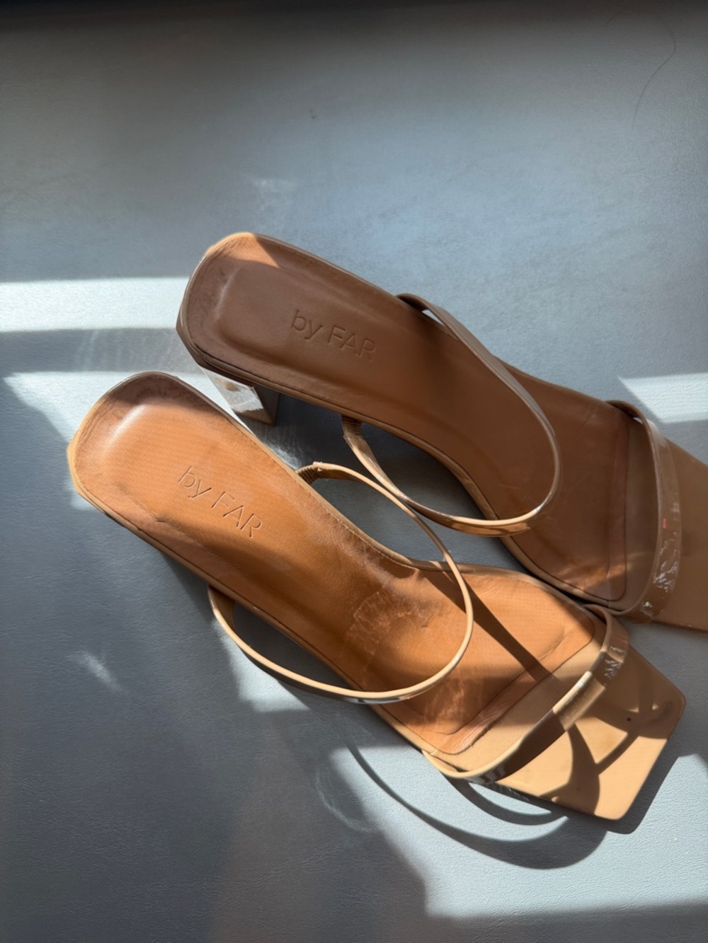 BY FAR Tan Strappy Square-Toe Heeled Sandals
